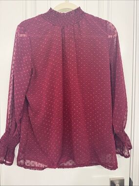 Smocked Neck Burgundy Swiss Dot Blouse